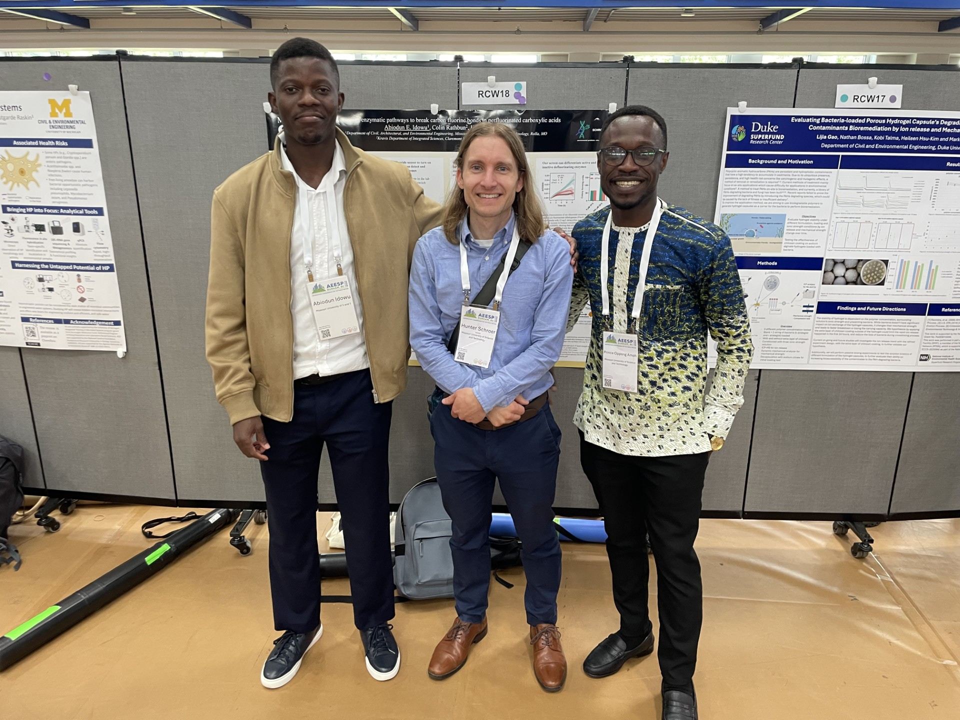 Hunter Schroer, Abiodun Idowu and Prince Amoh at Duke University for AEESP 2025